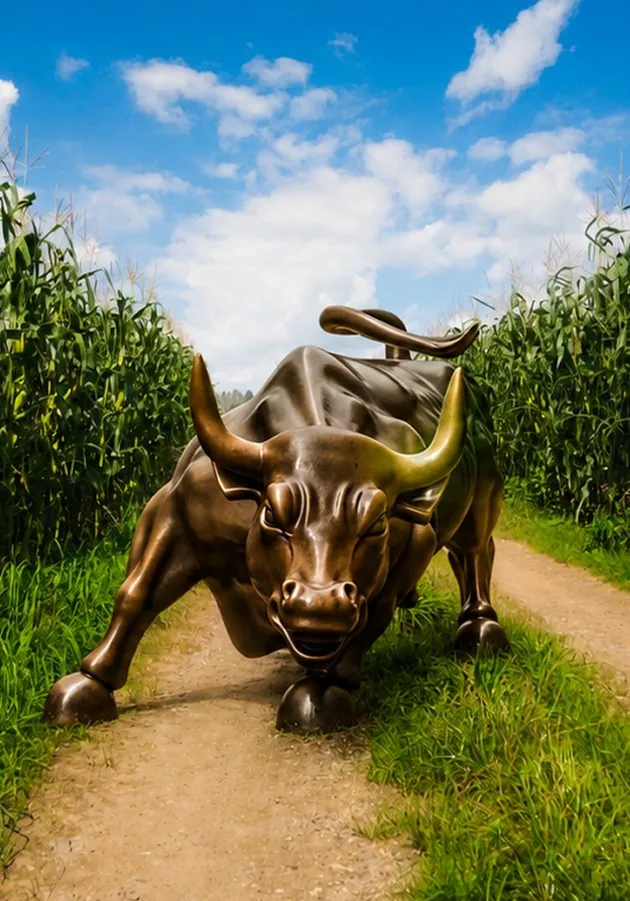 Escultura de touro em meio à lavoura, símbolo da originação no agronegócio